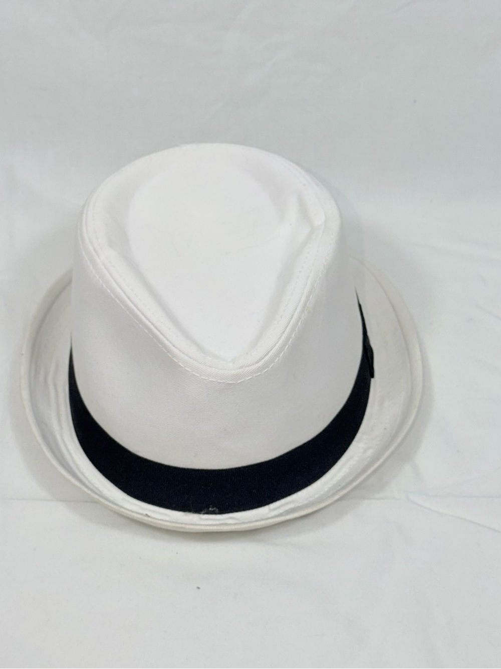 White Fedora Hat Black Band Unisex Fabric Poly Blend Jazz Panama Style Cap S M